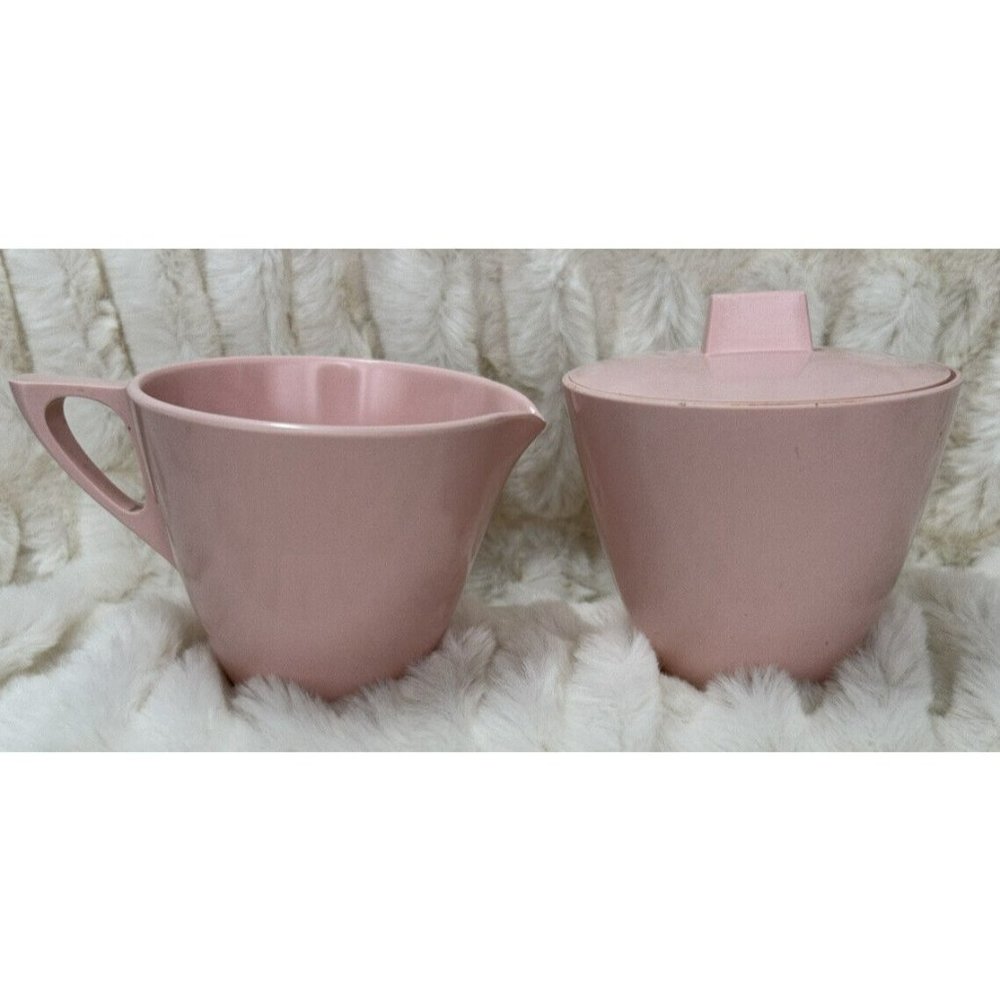 Mar-crest Melmac Melamine Atomic Pink Sugar Bowl and Creamer Pitcher Retro Vtg